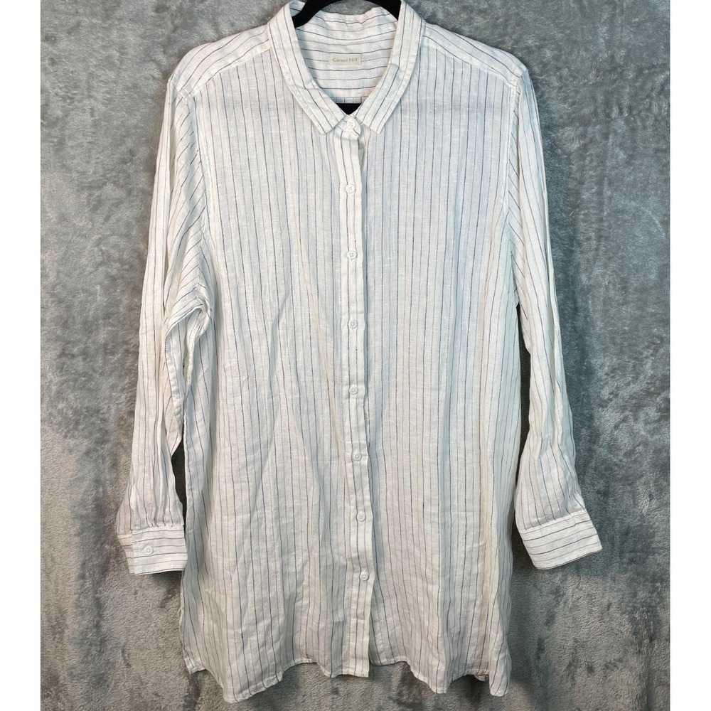 Garnet Hill Easy Linen Button‎ Tunic Shirt Top XL White Striped Lagenlook Beachy
